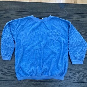VTG Camelot Terry Cloth Sweatshirt Popcorn Sleeve Teal Blue Women L Made In USA